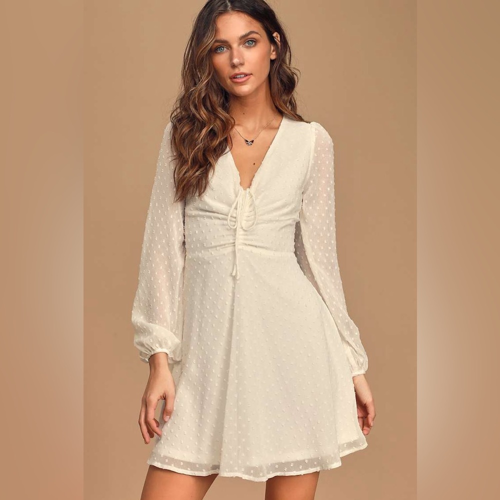 Lulu's Wine and Dine White Swiss Dot Long Sleeve Skater Dress